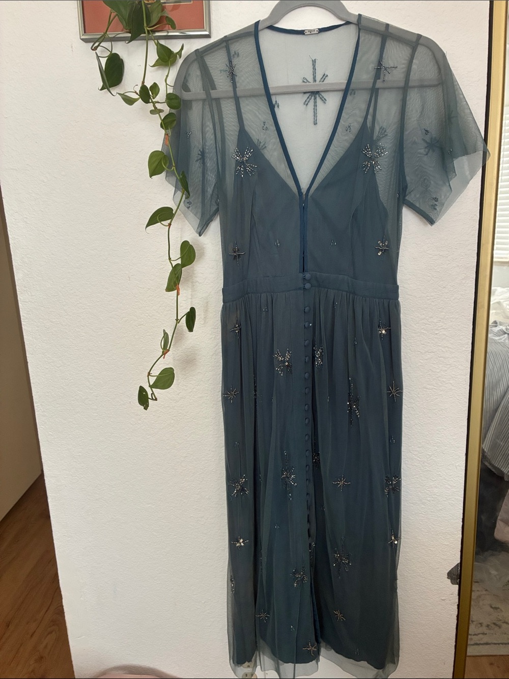 Chan Luu Teal Sheer Beaded Midi Dress with Star Embellishments